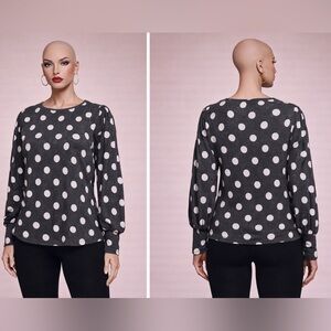 Another Reason Polka Dot Long Sleeve Top Gray White Medium Soft Stretch Knit